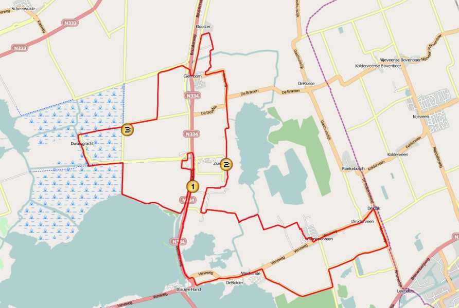 

1. start en finish; 2. eerste rustpost; 3. tweede rustpost
