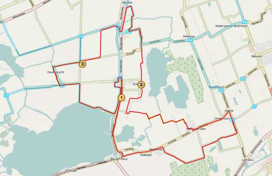 

1. start en finish; 2. eerste rustpost; 3. tweede rustpost