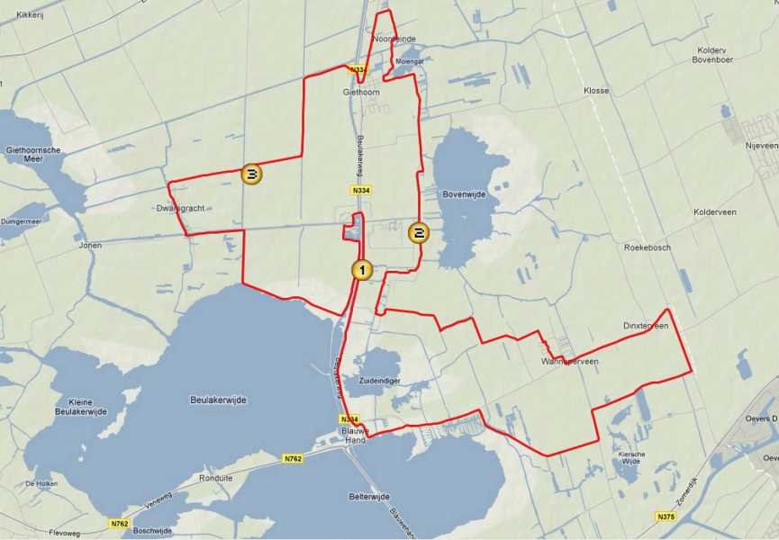 

1. start en finish; 2. eerste rustpost; 3. tweede rustpost
